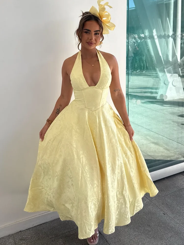 

2025 Yellow Satin Printing V Neck Halter Maxi Dress Women Elegant Sleeveless High Waist A-line Long Dresses Lady New Party Robes