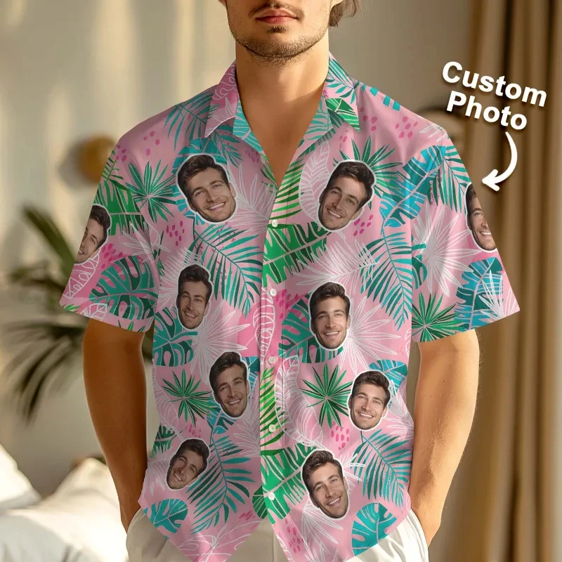 

Custom Face Hawaiian Shirt Flamingo Tropical Print Personalized Diy Photo Short Sleeve Casual Beach Funny Gift Men Women Blouses