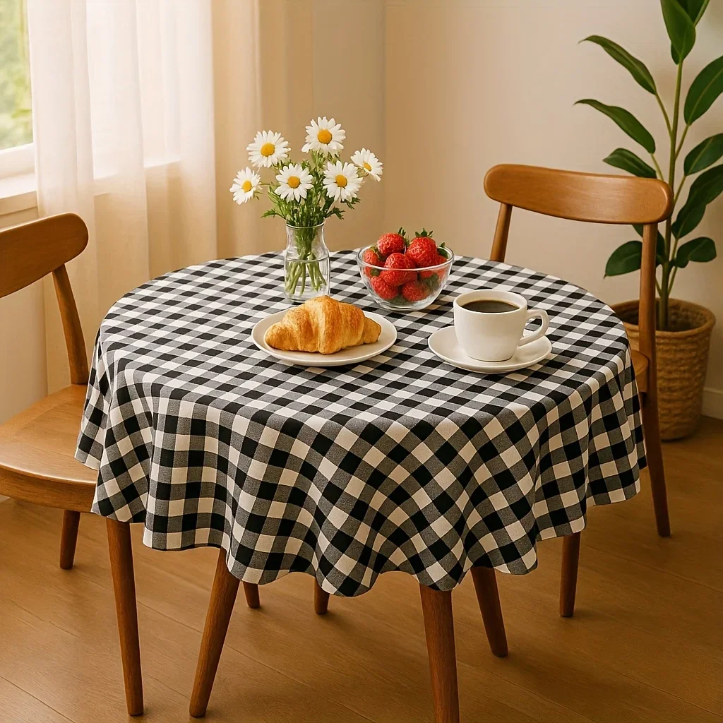 One-piece [check, stripe] round tablecloth, patterned round tablecloth, suitable for covering the kitchen table at homexzj
