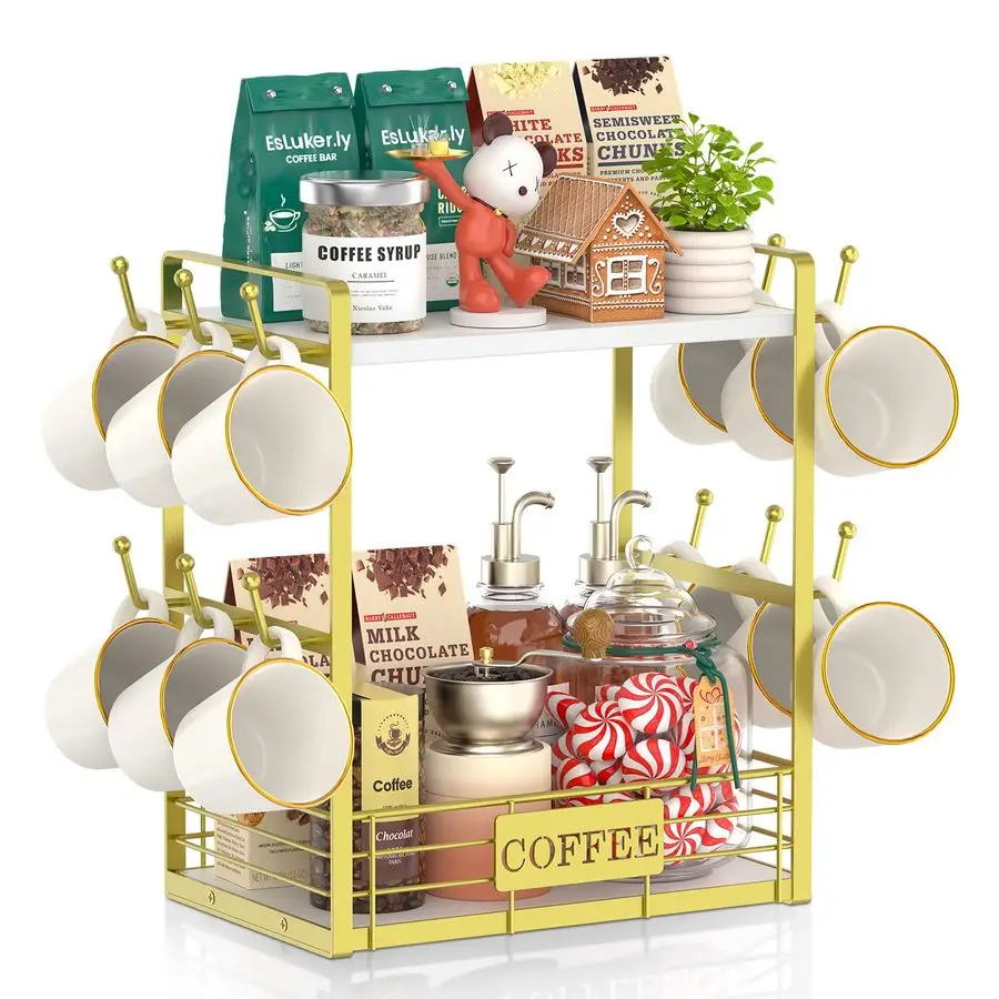 

Coffee Mug Cup Holder Tree Bar Station Organizer, 2 Tier Mug Stand Rack for Countertop Kitchen, Storage Tower Display Shelf wit