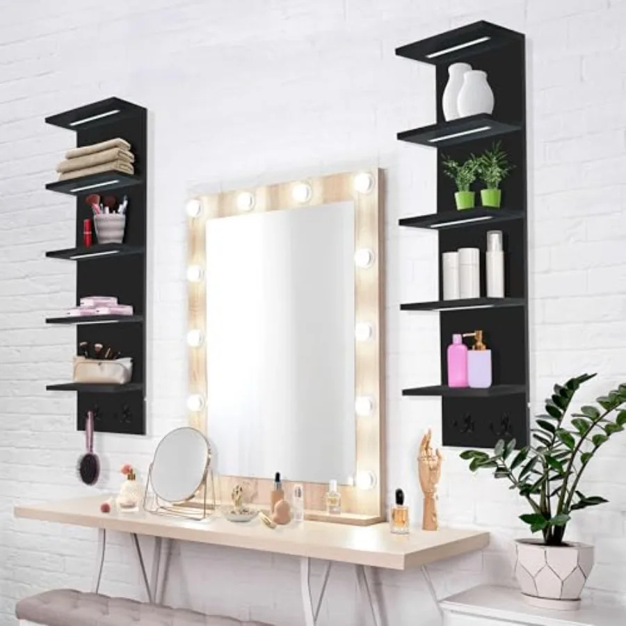 LED Light Display Shelf - Vertical 5 Tier Wall Shelf Unit with 2 Hooks Column Utility Shelving for Home Decor Wall-Mounted Floa view 5
