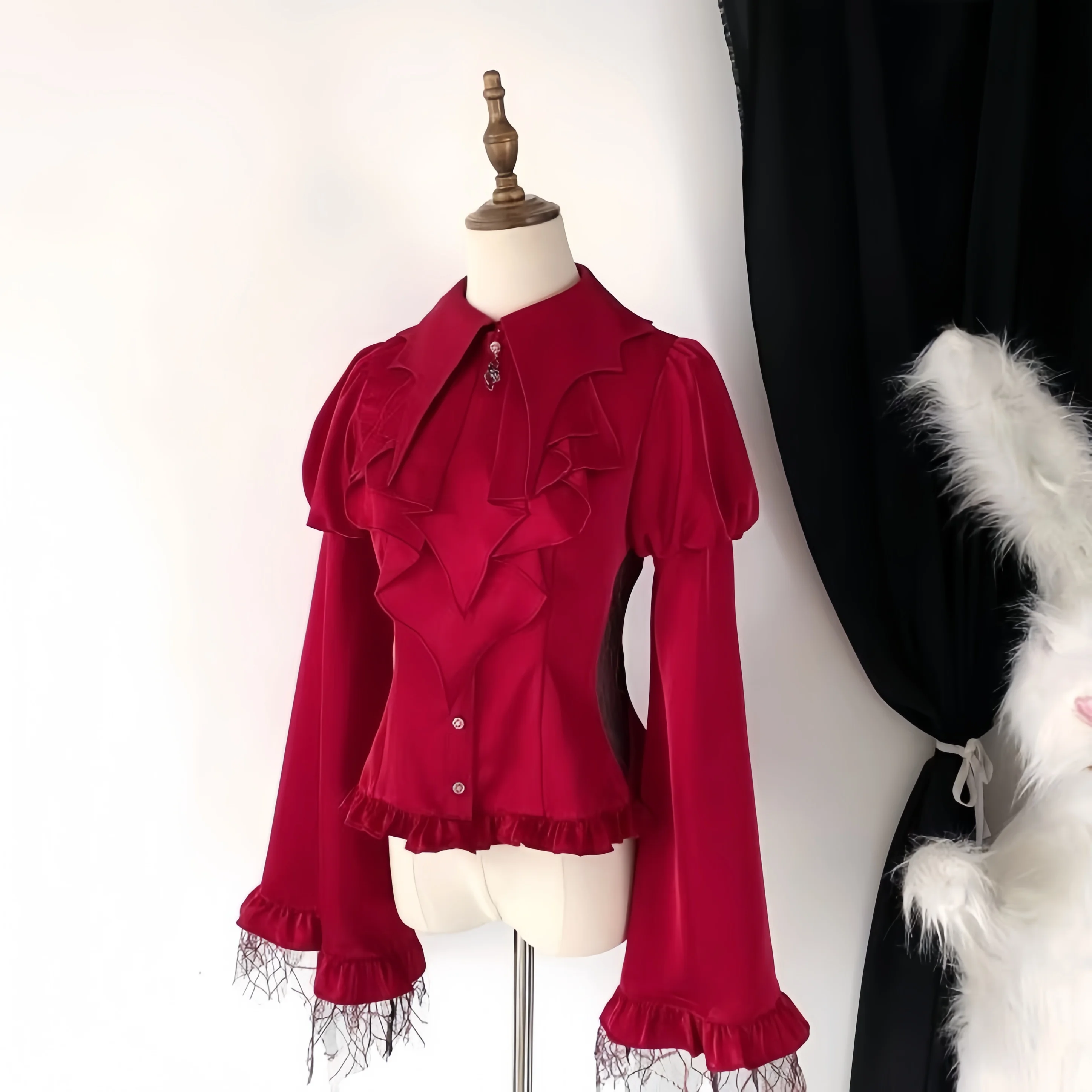 Red Lolita Gothic Bottom Shirt Romantic Lacy Puff Flare Long Sleeve Turn Down Collar Slim Blouse Hollow Out Blouses Black Top
