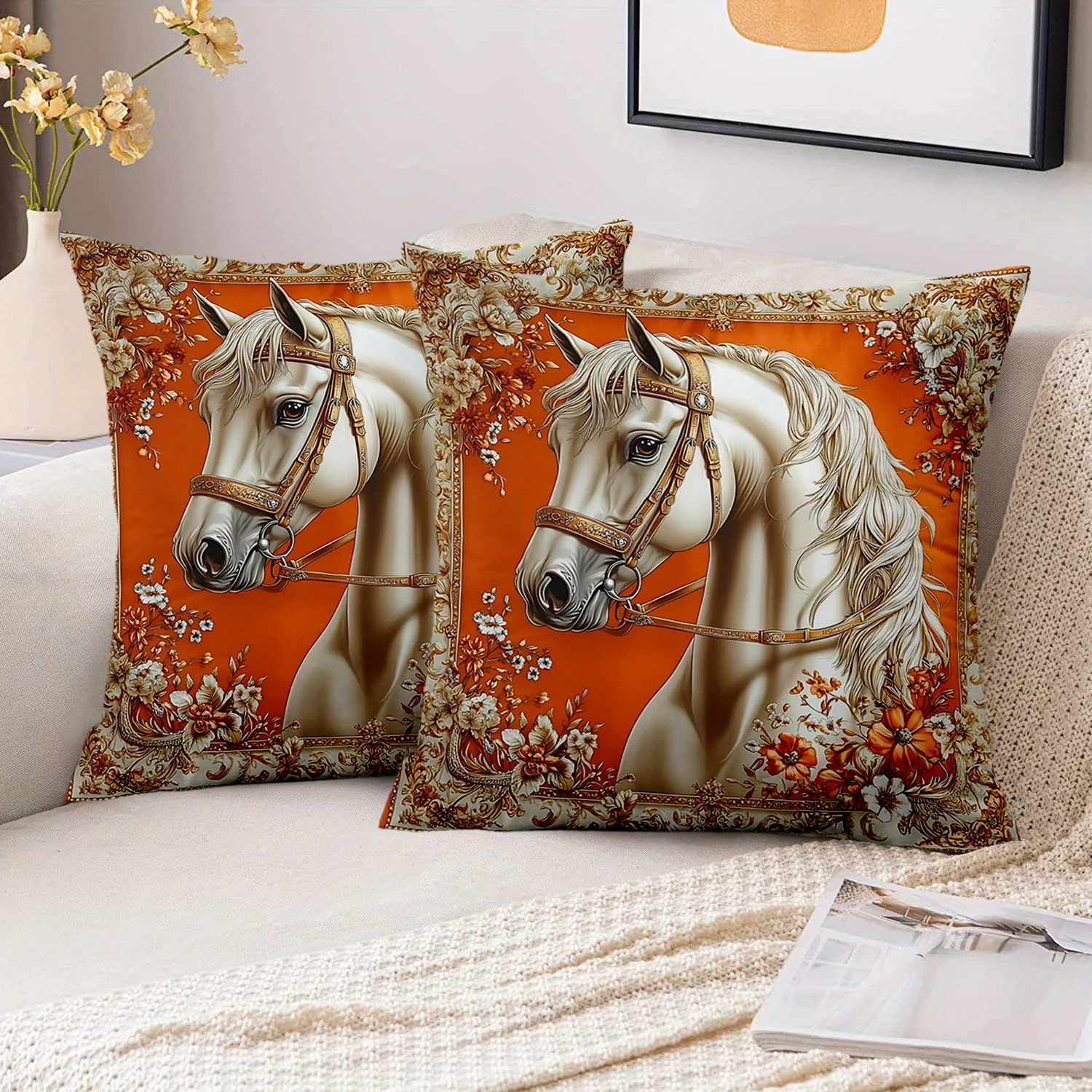 Vintage Floral White Horse Printed Pillow Cover, Elegant Baroque‑Style Polyester Cushion Case for Sofa Bedroom Home Decoration