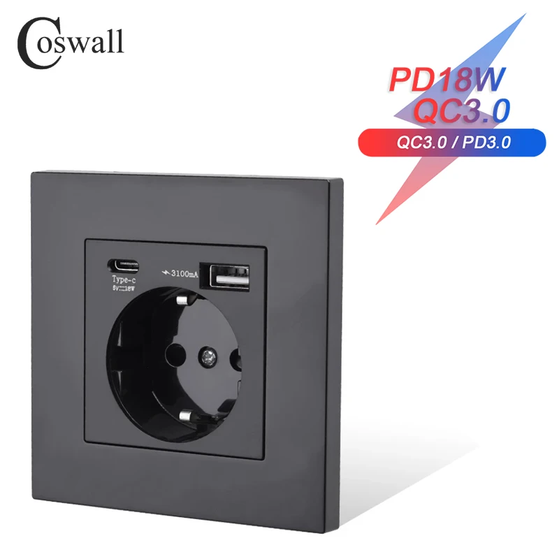 COSWALL EU Wall Power Socket Grounded, Black Plastic Panel With 18W Type-A & C Dual USB DC 5V 3A QC 3.0 Fast Charger