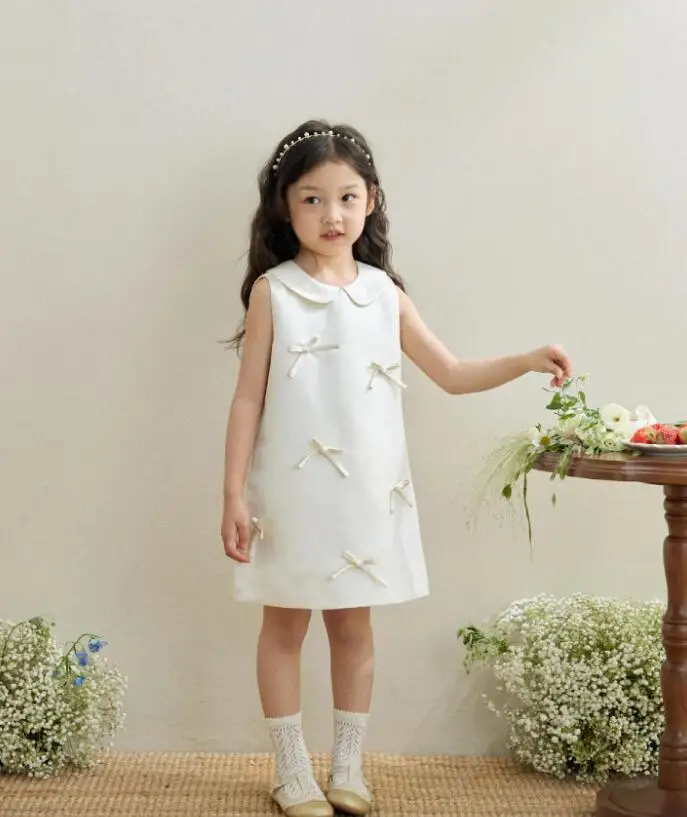 New Summer Girls Sleeveless Vest Dress Children Cute Doll Collar Bow Design Birthday Party Dress y1309