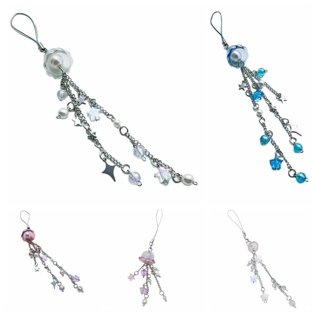 Sea Theme Jellyfish Phone Pendant Ocean Style Phone Charm Beaded Phone Chain with Star Seashell Y2K Phone Lanyard Keycord