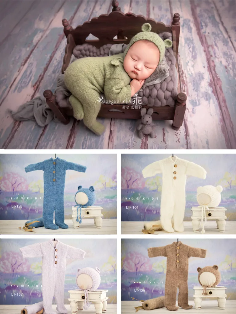 High End Wool Onesie Ear Hat Set Newborn Photography Outfit Soft High Elasticity Romper Bodysuit Studio Baby Boy Girl Clothes