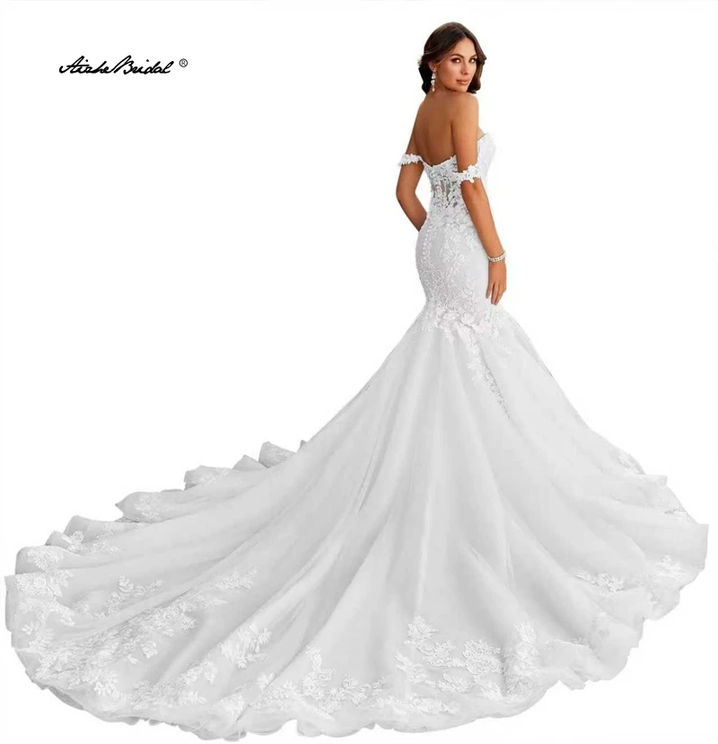 오프숄더 머메이드 웨딩드레스 맞춤 레이스 아플리케 롱 브라이드 드레스 민소매 백리스 보헤미안 웨딩드레스