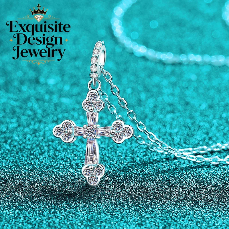 Exquisite Platinum PT950 Personalized Moissanite Necklace, Cross Pendant with Auspicious Cloud Pattern Trendy Collarbone Chain