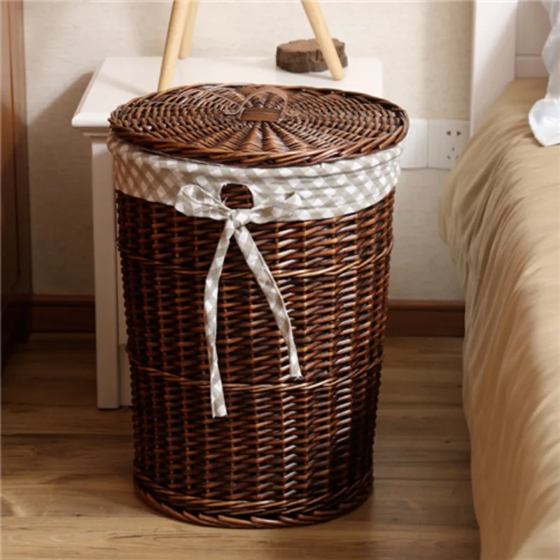Vintage Style Rattan Woven Dirty Clothes Basket Willow Woven Laundry Baskets Clothes Toy Storage Basket with Lid Home Storage