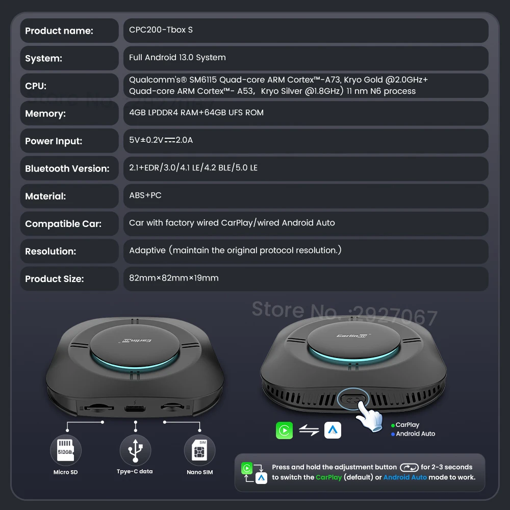 CarlinKit-caja de transmisión inalámbrica para coche, dispositivo de 8 núcleos, Android 13, WiFi 4G + 64G, SM6115