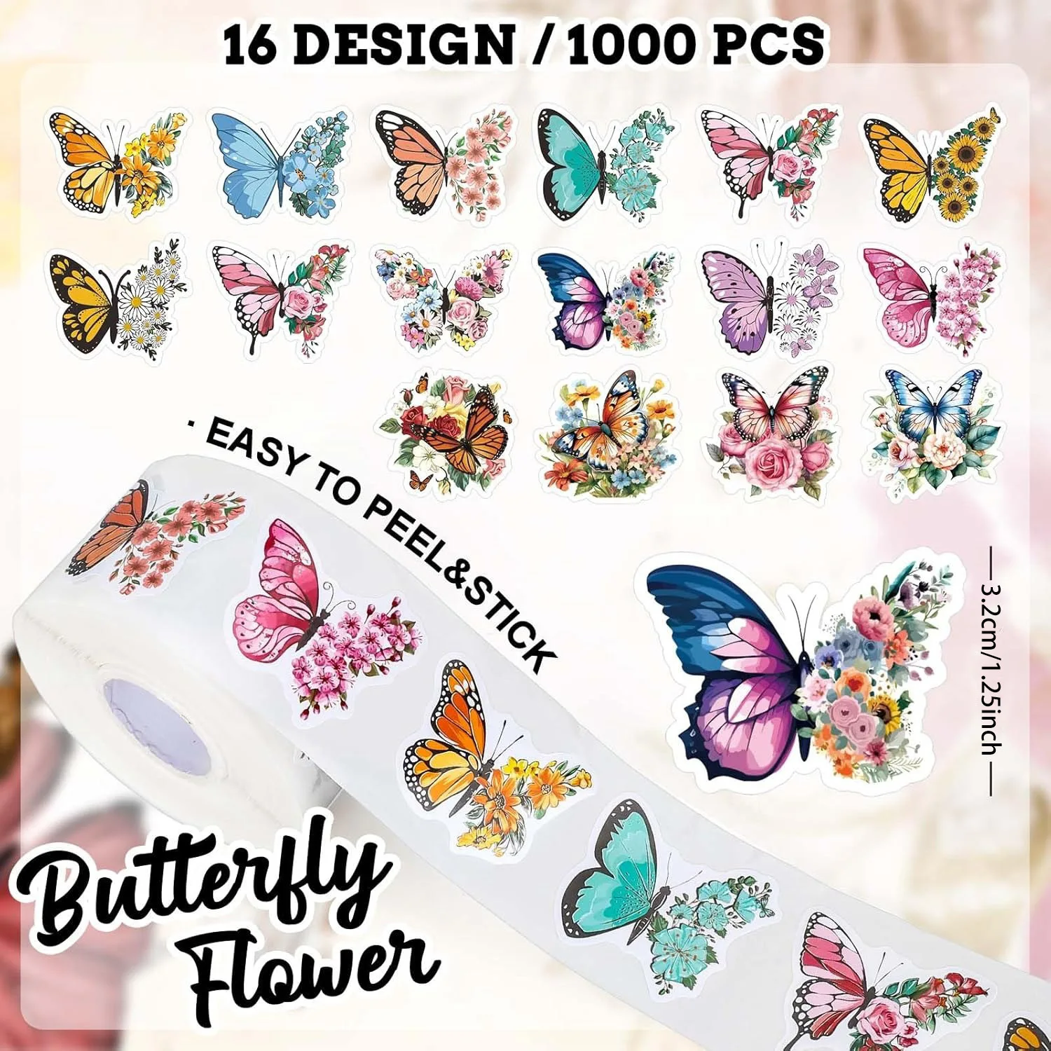 

500Pcs /1 Rolls 3.8cm/1.5 inch Butterfly Flower Shaped Sticker Decoration Gift Box Sticker Label Stationery Sticker