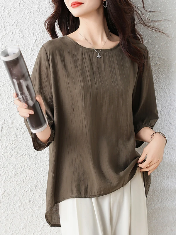 

Женская модная блузка больших размеров с эффектом похудения, однотонная, с круглым вырезом и рукавом до локтя, простой стиль, лето 2026