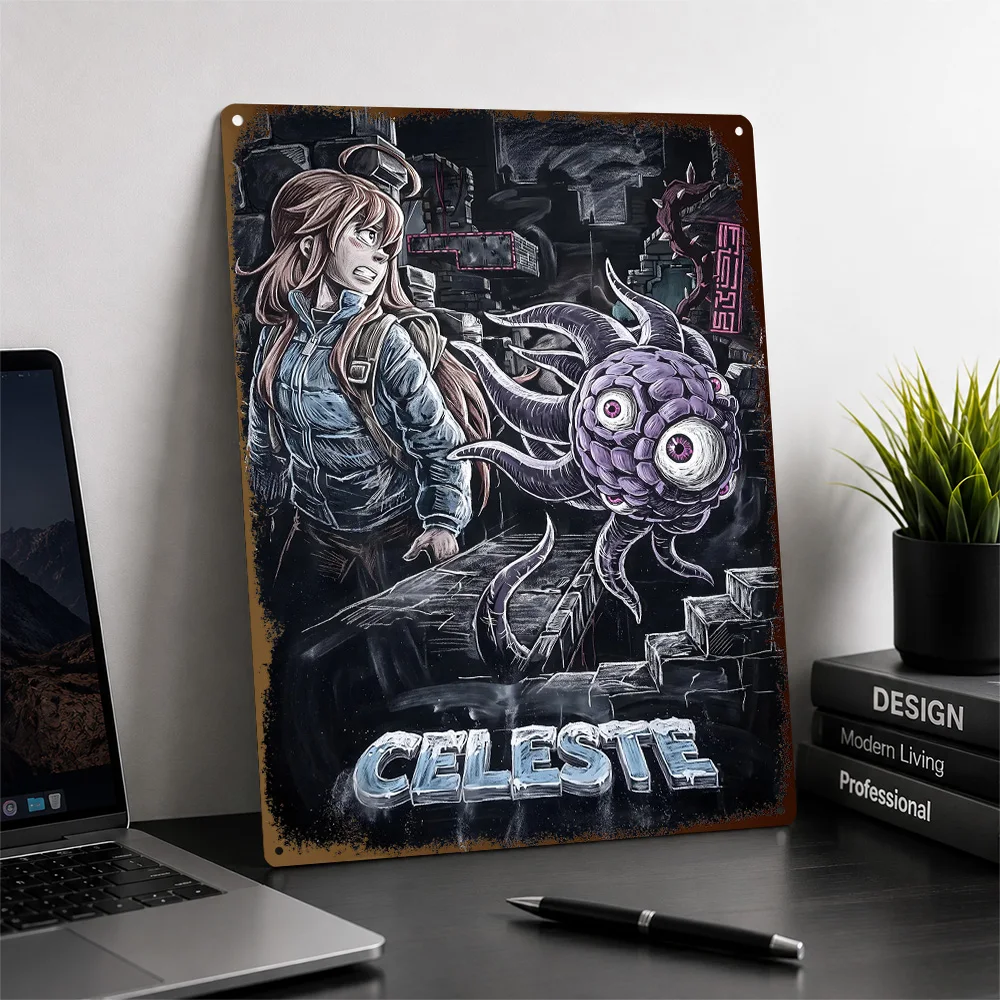 Celeste Monster Encounter Textured Poster Personalized Aluminum Metal Sign Dark Realm Style Wall Art For Bedroom And Game Room