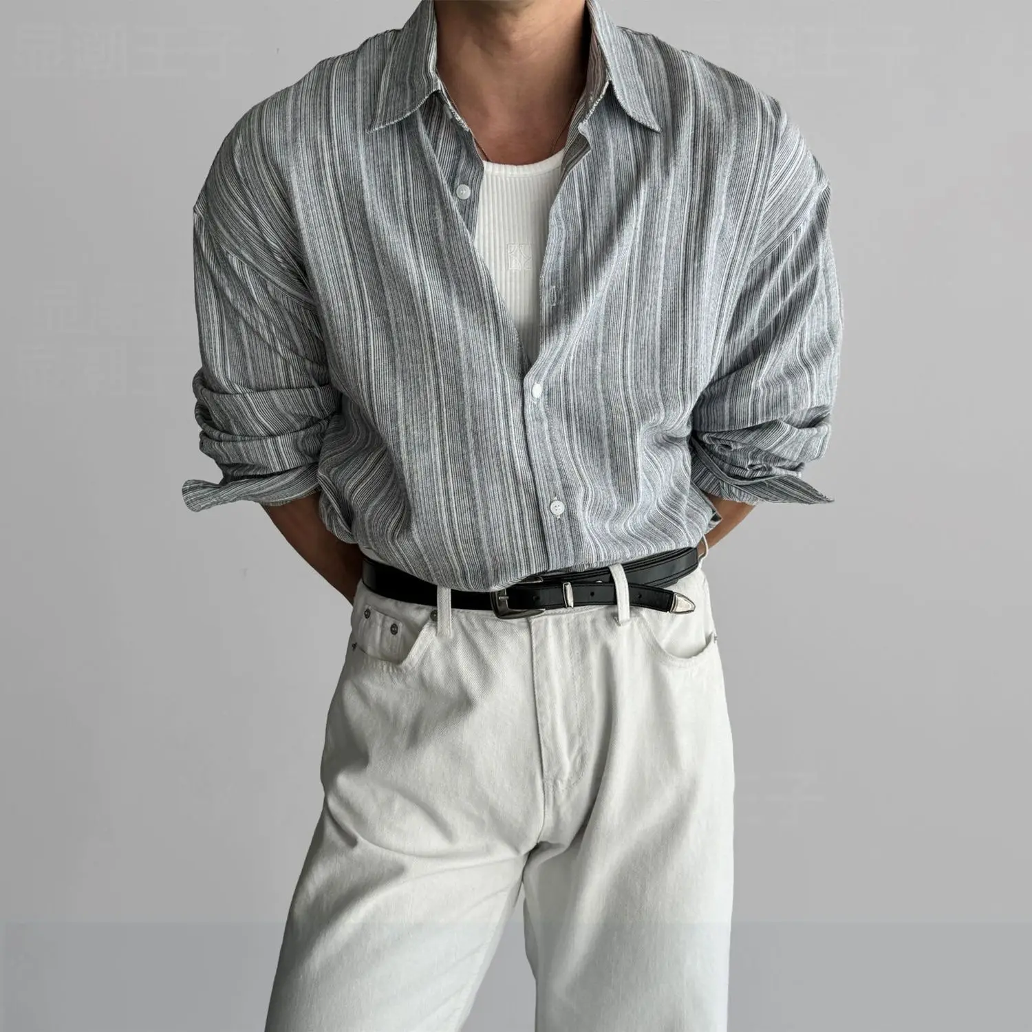 

2024 New Cotton Linen Long Sleeve Shirt for Men Loose Shirts No Bounce Fashion Striped Patchwork Men's Clothing