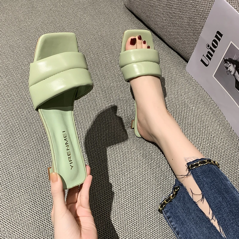 Korean Style Fashion Small Fresh Green Womens Slippers Square Toe Low-heeled Slides Simple Open-toe Outdoor Casual Sandals