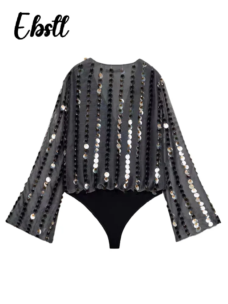 Combinaisons Sexy à paillettes et col en v pour femmes, body à manches évasées, à la mode, brillant, assorti avec tout, nouvelle collection printemps 2026