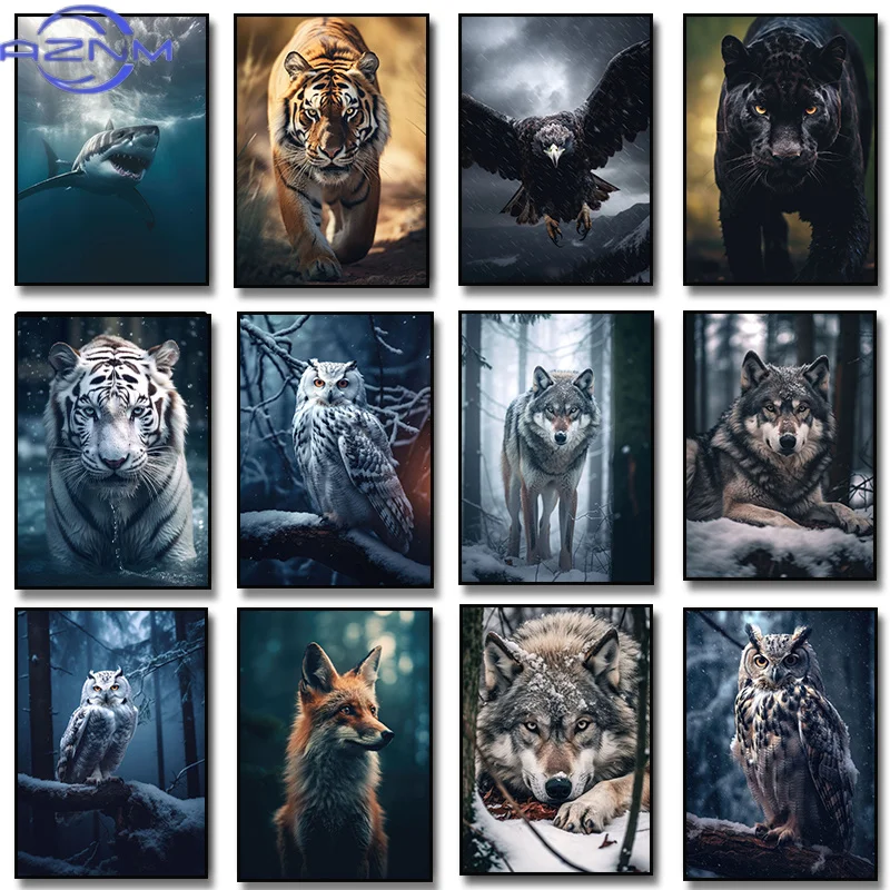 AZNM Cuadros en Lienzo de Animales Salvajes: Lobo, Tigre, Búho, Águila, Zorro, Pantera, Tiburón - Impresiones de Arte de Pared, Pósteres de Naturaleza para Decoración del Hogar y Habitaciones