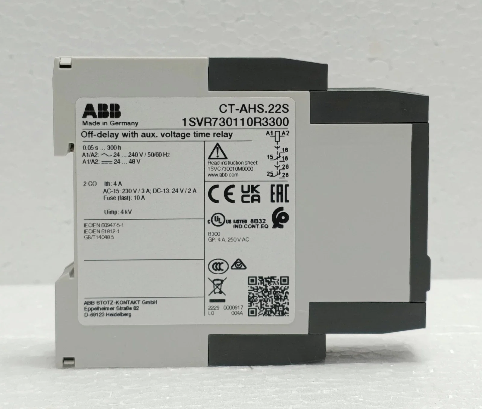 CT-AHS.22S,2c/o,24-48VDC,24-240VAC 10081685 1SVR730110R3300 Time relay, OFF-delay 2c/o, 24-48VDC, 24-240VAC