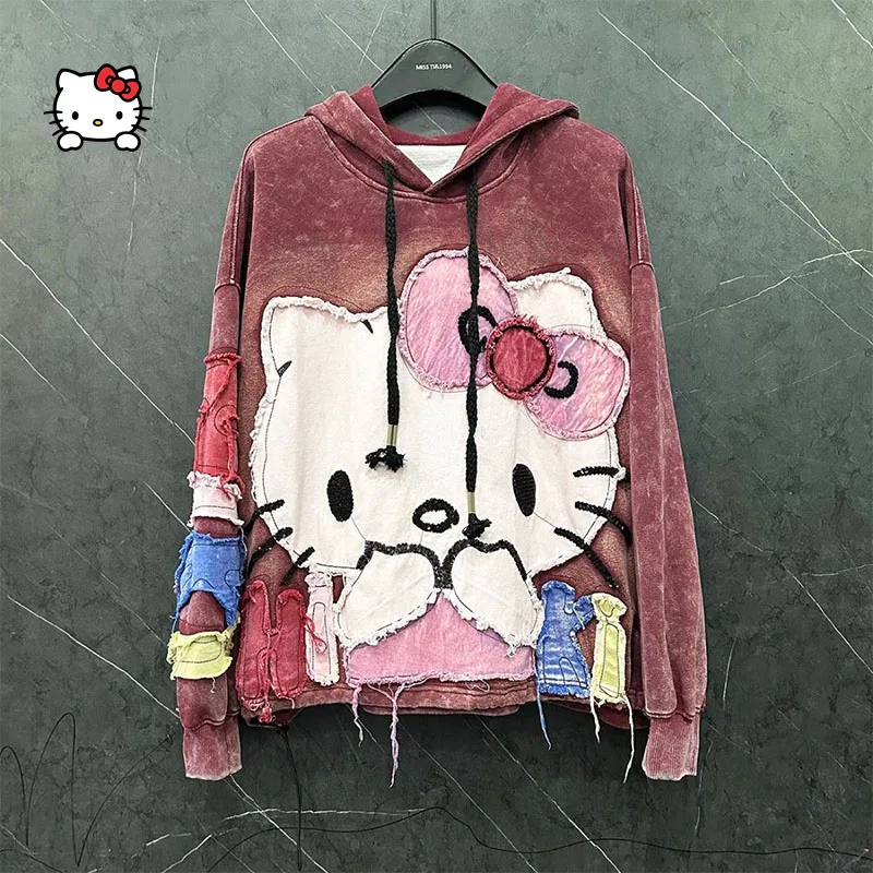 

Sanrios Hello Kittys Embroidery Hooded Sweatshirt Y2K Women's Loose Casual Hoodie Girls Loose Long Sleeve Tops Streetwear Trend