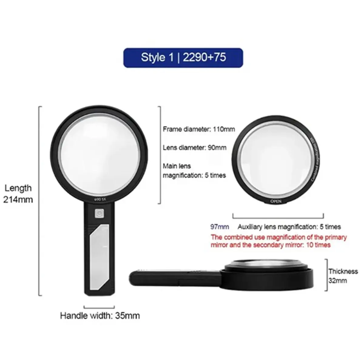 DT81 8x Main Lens + 12x Auxiliary Lens Rechargeable Handheld Magnifier Antique Appraisal Collectibles Reading with LED Light