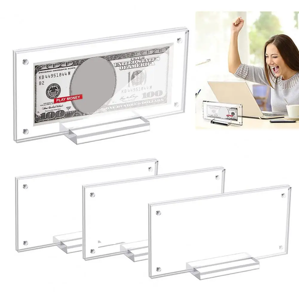 Money Display Holder Double Sided Acrylic Money Frame with Base for Desktop Display Transparent Holder for Smooth Edge Design