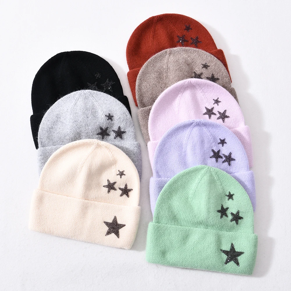 Jaxmonoy Women Winter Beanie Hat Natural Cashmere Knitted Hat Ladies Autumn Solid Color Warm Bonnet Rhinestone decoration Female