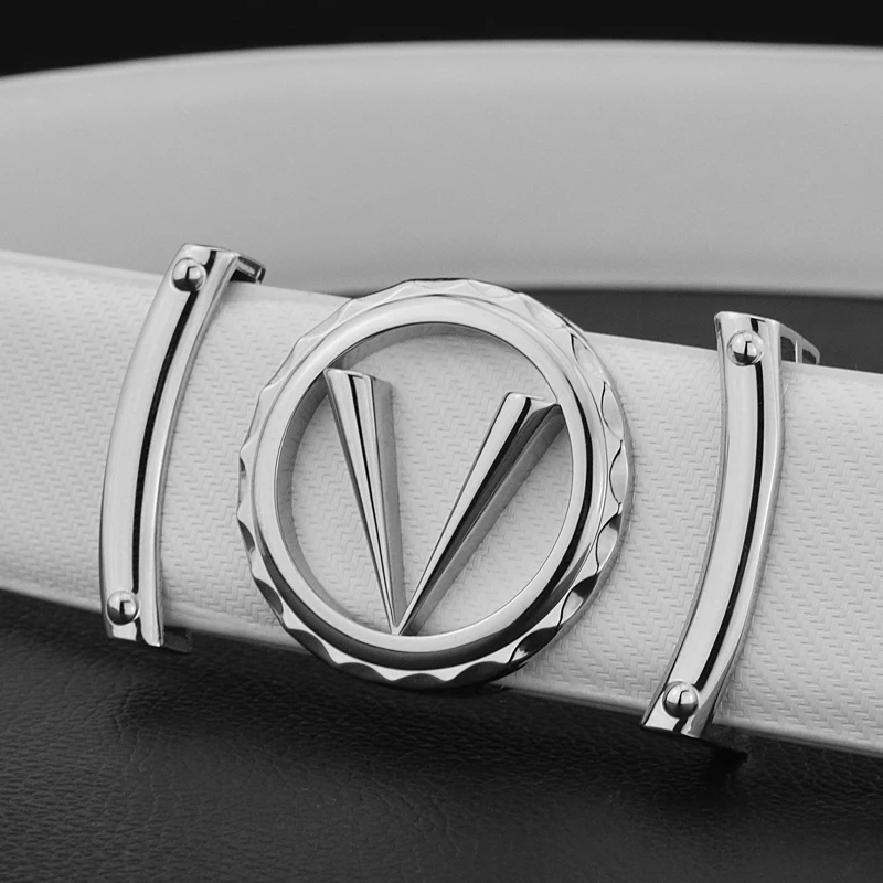 

Fashion White Casual Belt Men V Letter Fashion Designer Belt Boy Casual Cowskin Belt Leather Metal Buckle Belt