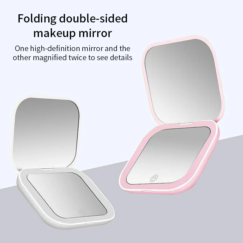 Compact Small Mini Gift Vanity Table Folding Led Lights Portable Hand Held Pocket Makeup Mirror 2X magnifying