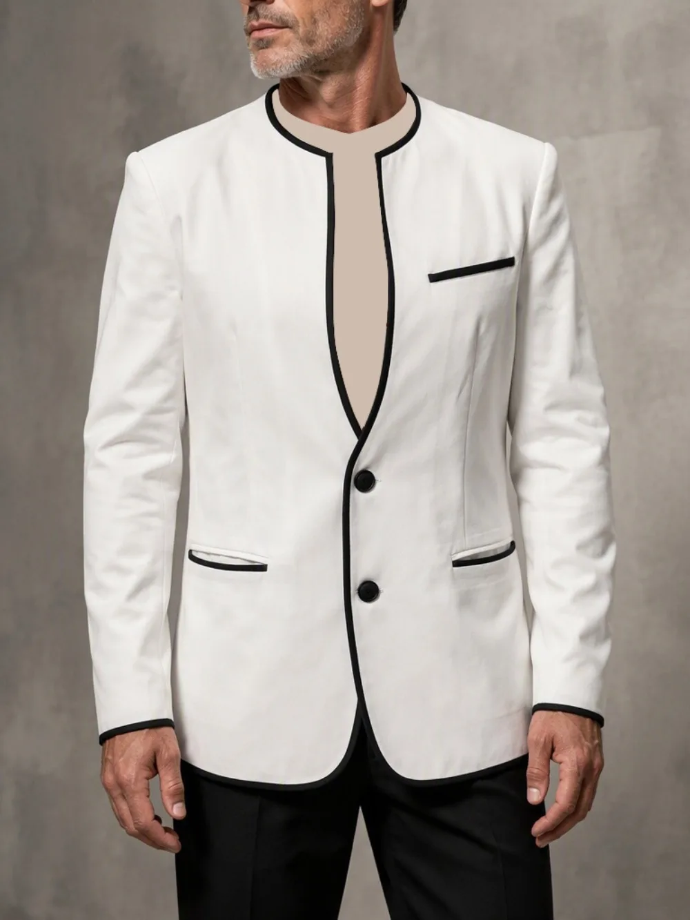 Men's Casual Business Blazer Stand Collar Contrast Piping Trim Slim Fit Long Sleeve Suit Jacket for Wedding Party Office Daily