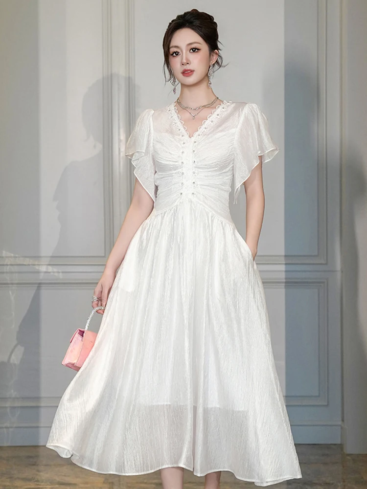 

Women's Clothing White V-Neck Slim Maxi Dress Female Sweet Ruffled Pockets Robe Lady Party Prom Evening Vestido Mujer Casual New