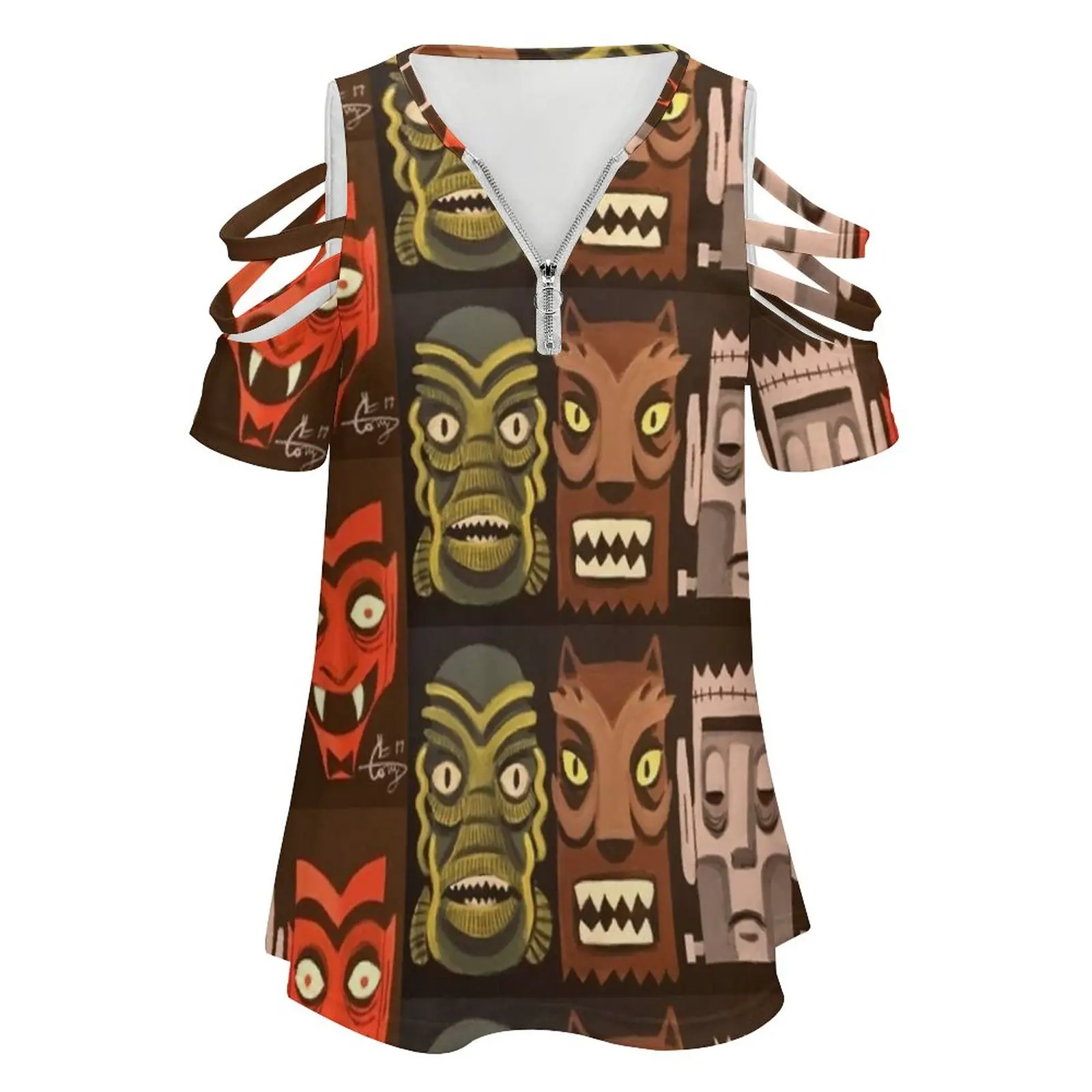 Tiki-Mon New Fashion Zip Off Shoulder Top Short-Sleeve Women Shirt Tiki Monsters Universal Monsters Wolfman Werewolf Dracula