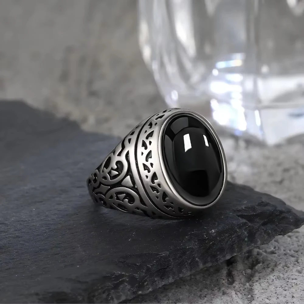 Pierścienie Srebrne Męskie Vintage Srebro Próby 925 z Naturalnym Owalnym Kamieniem Onyksowym w Kolorze Czarnym 10*14MM Duży Kamień Pierścienie Elegancka Biżuteria Męska — zdjęcie 3