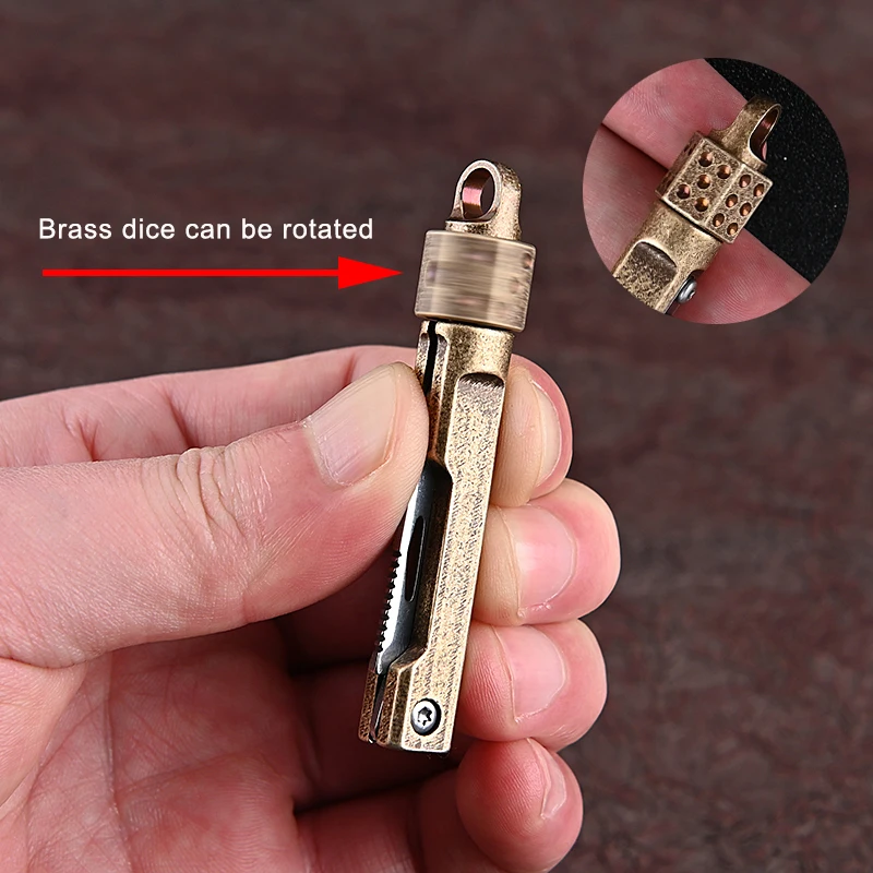 Brass Folding Knife With Dice Head Portable Keychain Mini Knife Outdoor EDC Multtool Camping Survival Cutter Unboxing Opener