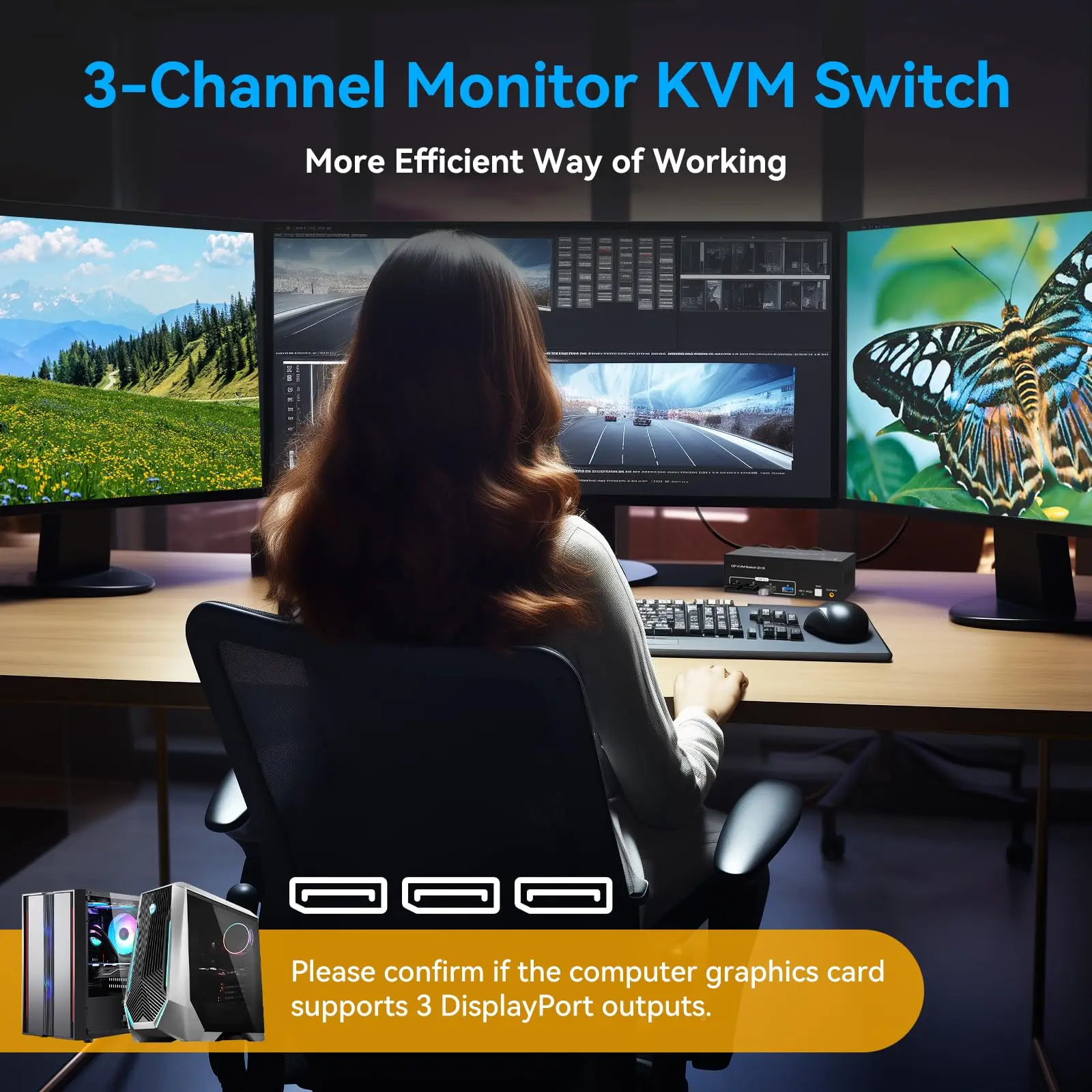 สวิตช์8K KVM 3จอคอมพิวเตอร์2เครื่อง DisplayPort 4K USB 3.0 KVM สวิตช์ DP สวิตช์มอนิเตอร์1.4สำหรับคอมพิวเตอร์2เครื่องพร้อมพอร์ต USB 4พอร์ต