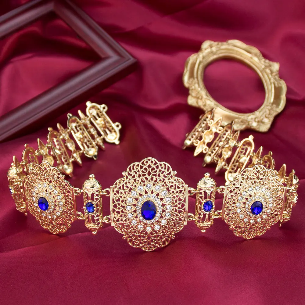 Sunspicems Elegent Moroccan Caftan Belt For Women Gold Color Metal Waist Chain Adjustable Length Arabic Bridal Jewelry