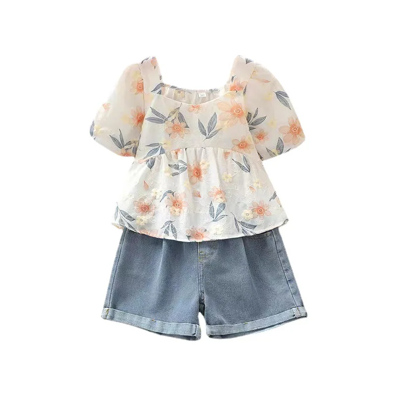 2024 summer girls cotton mesh Floral chiffon t shirt tops blouse + demin short jeans hot pant teenager children set 5 12 year