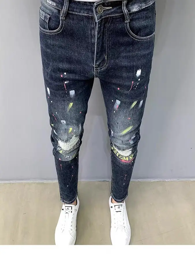 

Модные мужские джинсы Slim Fit с эффектом потертости и пэчворком, молодежные, эластичные, из денима, с высокой талией, износостойкие, с эффектом чернильных разводов