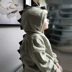 100% Cotton Children's Cute Dinosaur Horn Hooded Sweatshirt 2026 Autumn Winter New Casual Boys And Girls Splicing Ribbed Hoodies