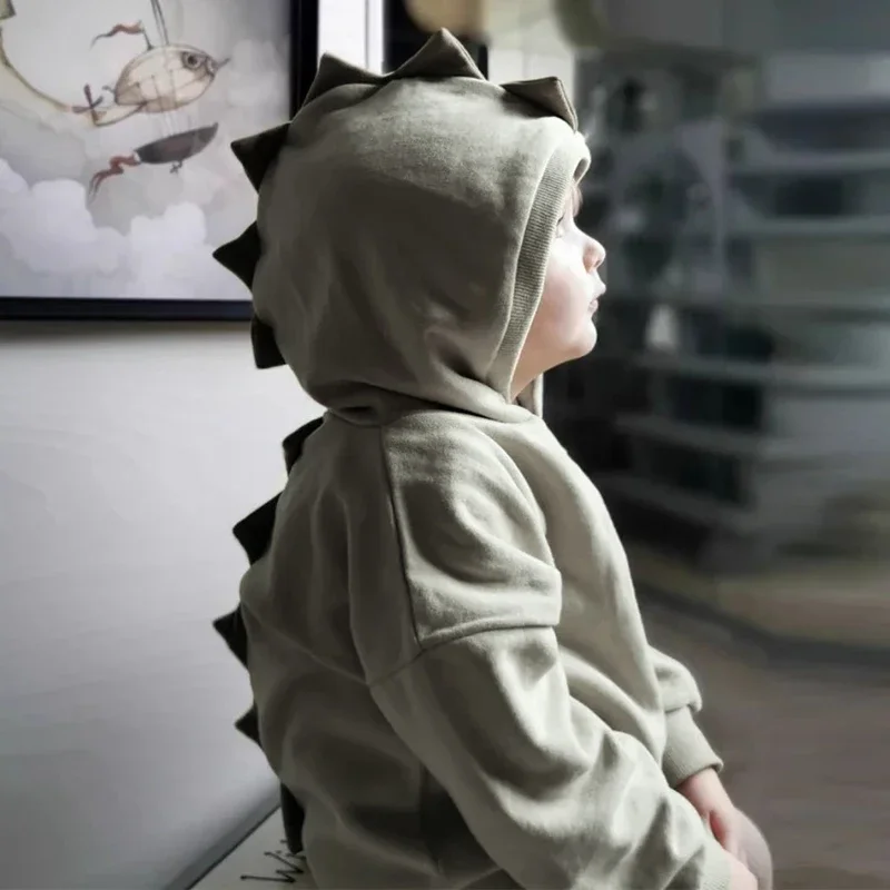 100% Cotton Children's Cute Dinosaur Horn Hooded Sweatshirt 2026 Autumn Winter New Casual Boys And Girls Splicing Ribbed Hoodies