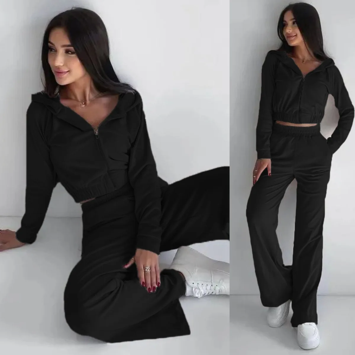 Lady Streetwear Suit Loose Short Hoodie Pants Two-piece Set Women Clothing Soild Zipper Hooded Tops Trousers Sets Female Outfit