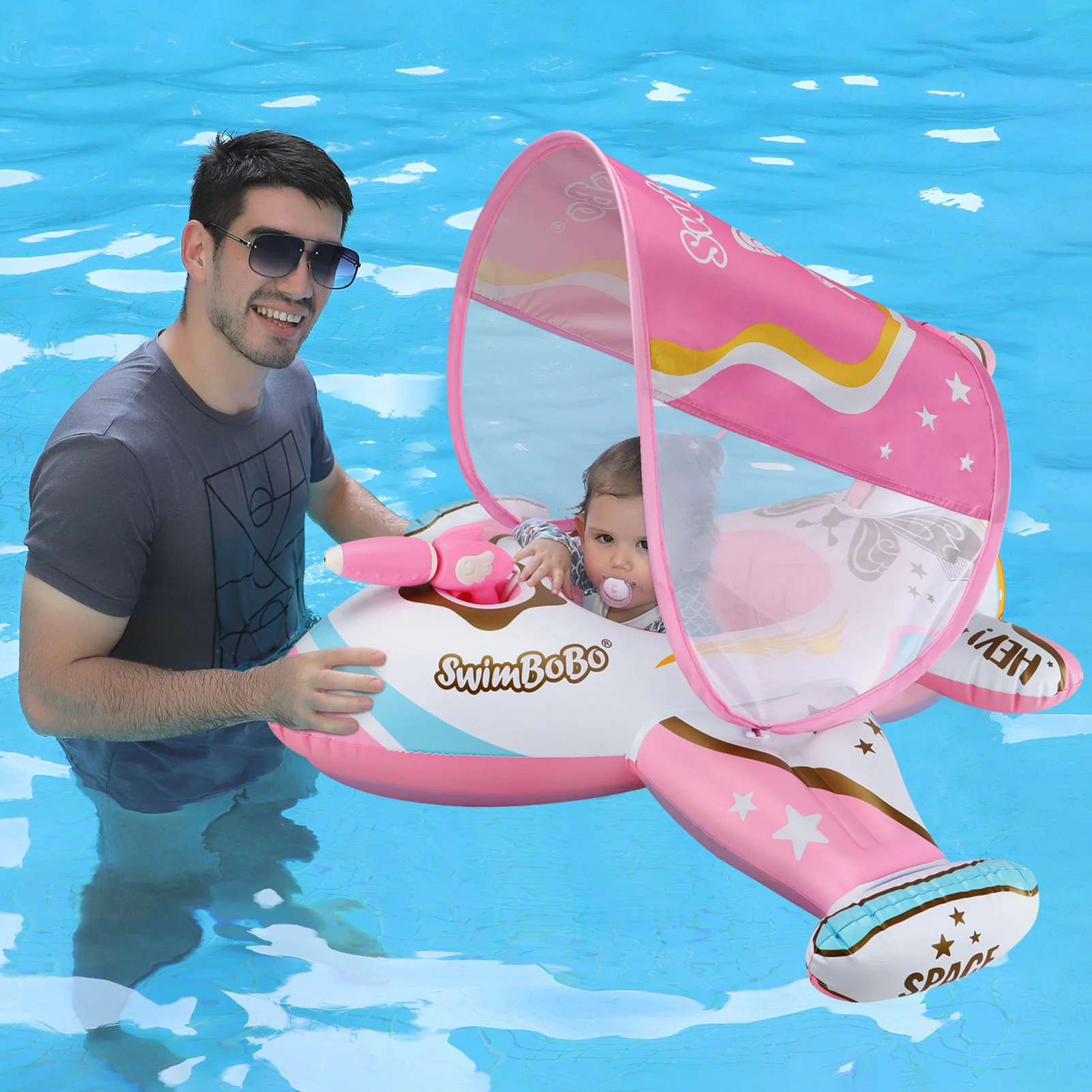 Swimbobo-flotador de asiento inflable para niños, flotador rosa para exteriores, pistola de agua, Avión de juego, anillo de natación para bebés, con