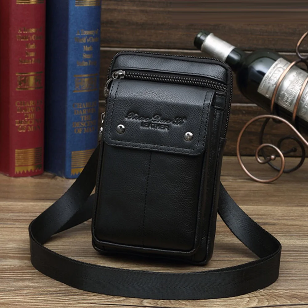 Men Genuine Leather Bag Purse Waist Belt Pack Hook Cross Body 7\'\' Business Cell Phone Case Small Shoulder Fanny Messenger Bags