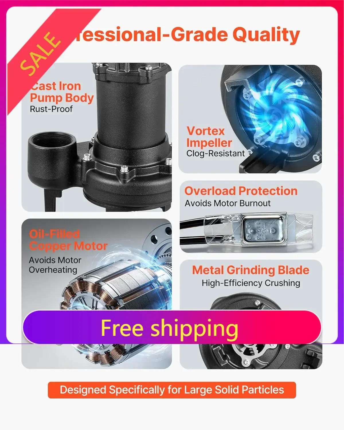 Sewage Grinder System, 1 HP, 5100 GPH Cast Iron Sewage Pump with Basin, Grinding Blade, 120V Automatic Outdoor Water/Seepage Col