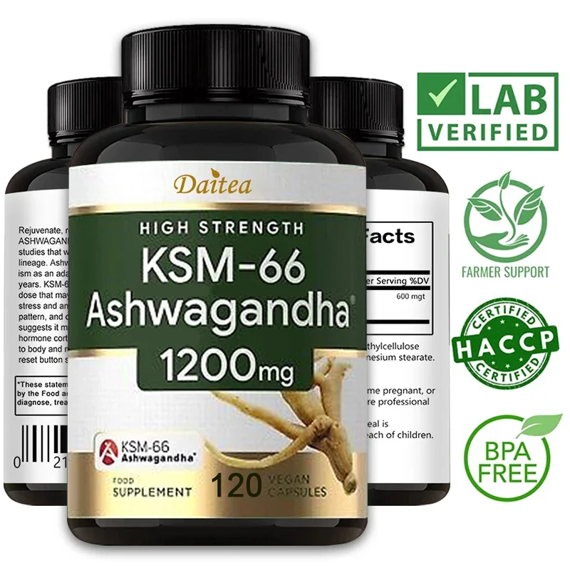 KSM-66 Ashwagandha Extract Capsules 1200mg, Helps with Stress Relief, Mood, Sleep Support, Balanced Energy Levels