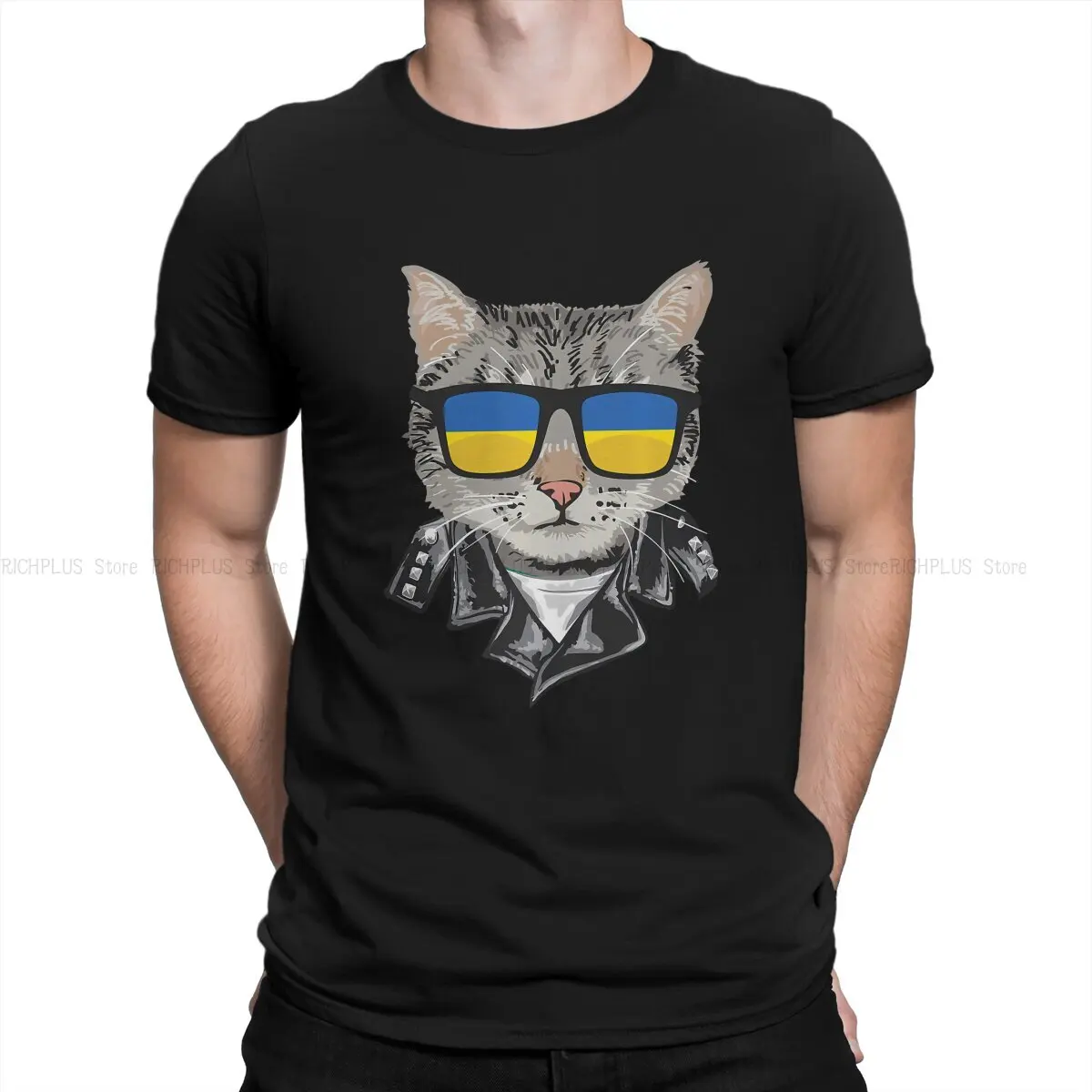 Cat Ukrainian Soldier Animal TShirt Flag Sunglasses Cool Classic Polyester T Shirt Homme Men Tee Shirt Ofertas Big Sale