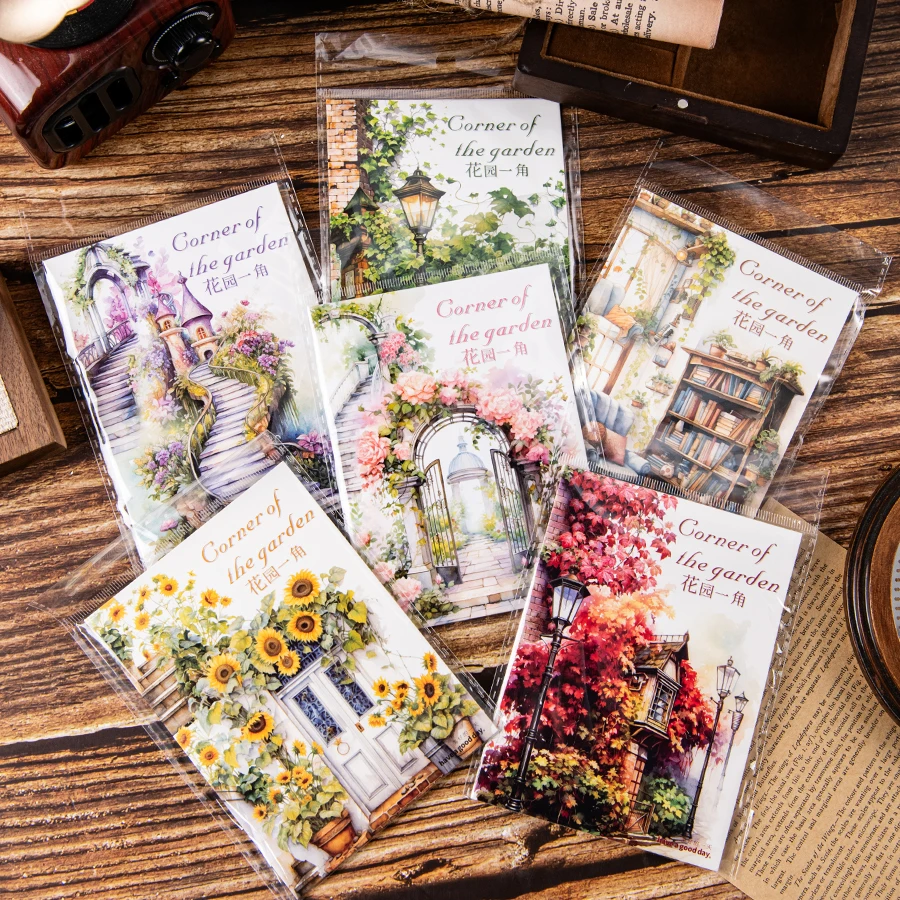 Juego de 3 pegatinas retro para escenas de jardín, colores mezclados, superficie brillante, utilizado para cajas de regalo de accesorios