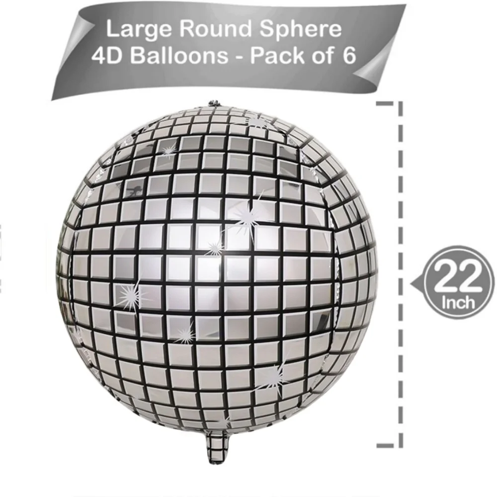 6Pieces 22 Inch 4D Big Silver Disco Ball Balloons 70s 80s 90s Theme Party Decorations for Disco Bachelorette Party Decorations