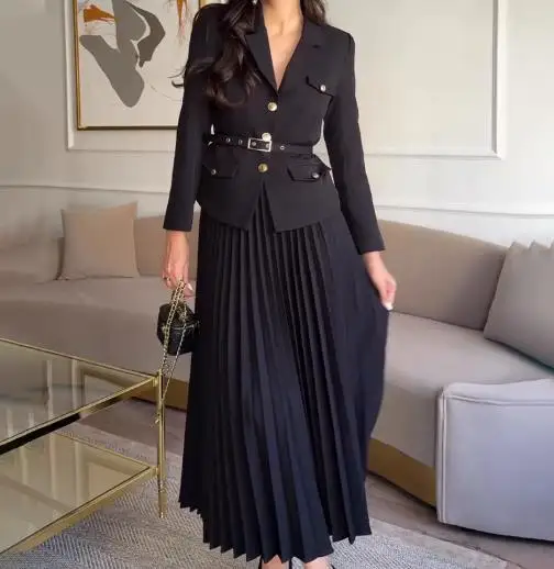 2025년 봄 신상 여성용 우아한 투피스 세트, 솔리드 컬러의 고급스러운 라펠 수트와 플리츠 스커트 세트