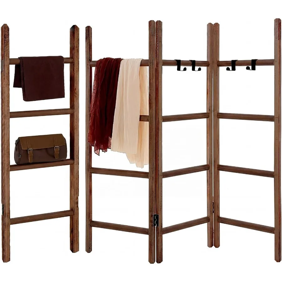 3 Panel Blanket Ladder, 56.7 H Rustic Wood Quilt Display Rack, Foldable Free Standing Towel Ladder with 9 Hooks, Decorative Bla